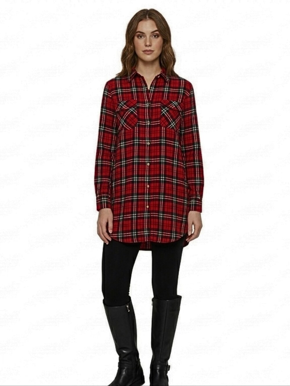 H&M Divided Women's Red Black Plaid Button Down Long Shirt Tunic Size 4